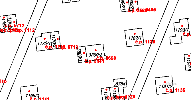 Zlín 6690 na parcele st. 3809/2 v KÚ Zlín, Katastrální mapa