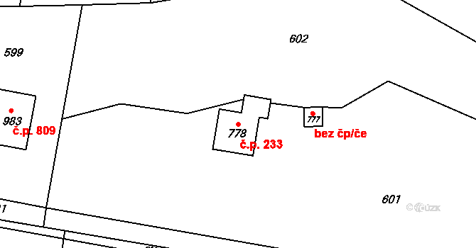 Černíky 233, Zvole na parcele st. 778 v KÚ Zvole u Prahy, Katastrální mapa