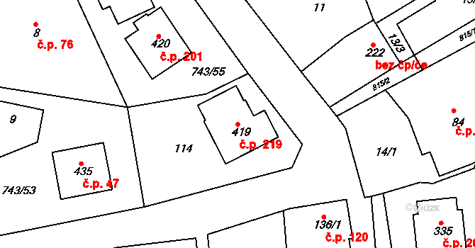 Škrdlovice 219 na parcele st. 419 v KÚ Škrdlovice, Katastrální mapa