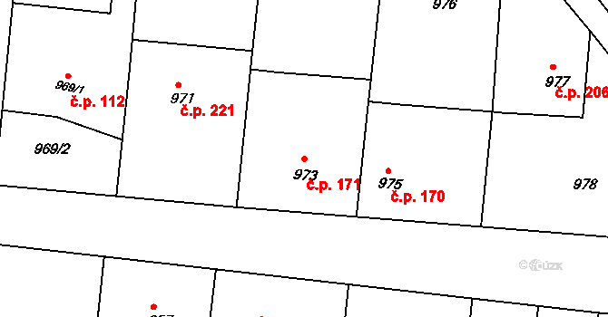 Pustiměřské Prusy 171, Pustiměř na parcele st. 973 v KÚ Pustiměř, Katastrální mapa
