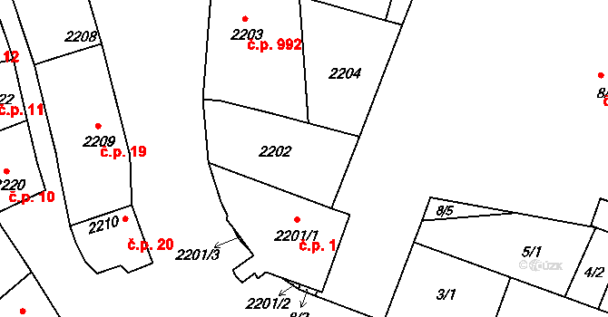 Kunovice 22 na parcele st. 2202 v KÚ Kunovice u Uherského Hradiště, Katastrální mapa