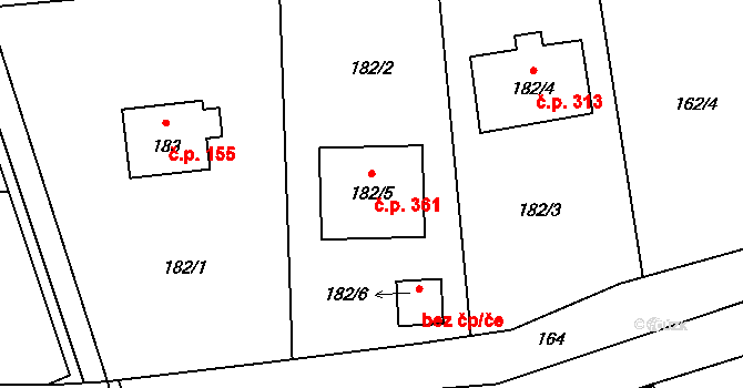 Černé Budy 361, Sázava na parcele st. 182/5 v KÚ Černé Budy, Katastrální mapa