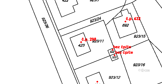 Hrochův Týnec 298 na parcele st. 423 v KÚ Hrochův Týnec, Katastrální mapa