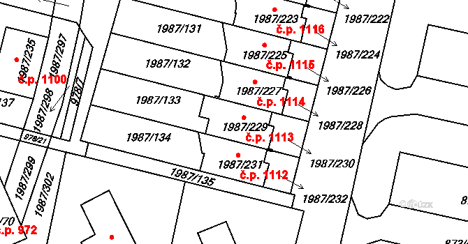 Nýřany 1113 na parcele st. 1987/229 v KÚ Nýřany, Katastrální mapa