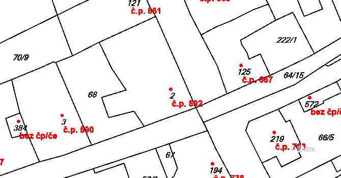 Rudná 592 na parcele st. 2 v KÚ Hořelice, Katastrální mapa