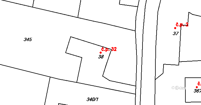 Hrádek 32 na parcele st. 38 v KÚ Hrádek u Rokycan, Katastrální mapa