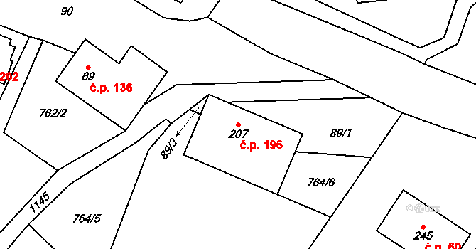 Horní Radechová 196 na parcele st. 207 v KÚ Horní Radechová, Katastrální mapa
