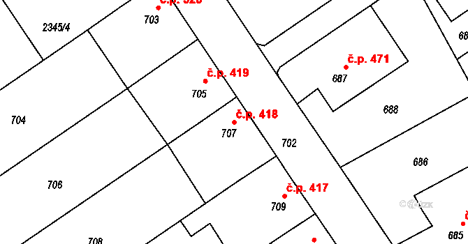 Jedovnice 418 na parcele st. 707 v KÚ Jedovnice, Katastrální mapa