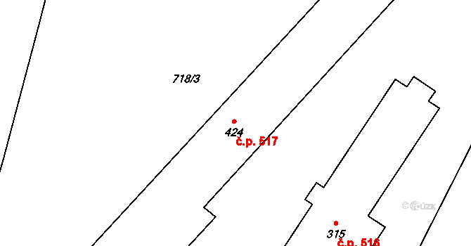 Příluky 517, Zlín na parcele st. 424 v KÚ Příluky u Zlína, Katastrální mapa