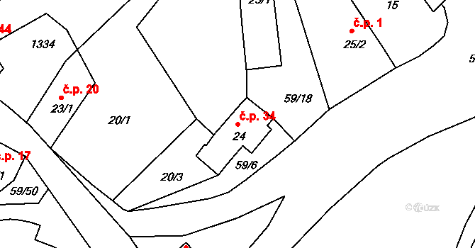 Zábrdí 34 na parcele st. 24 v KÚ Zábrdí u Lažišť, Katastrální mapa