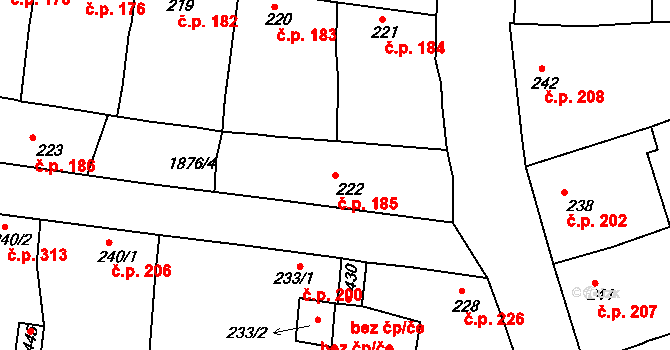 Merklín 185 na parcele st. 222 v KÚ Merklín u Přeštic, Katastrální mapa
