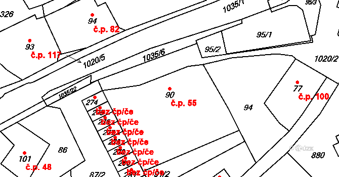 Horní Kostelec 55, Červený Kostelec na parcele st. 90 v KÚ Horní Kostelec, Katastrální mapa