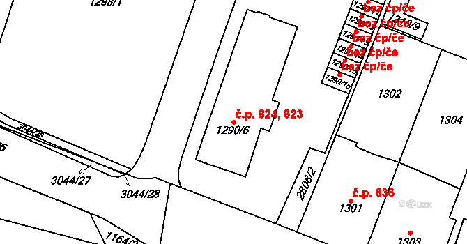 Dobruška 823,824 na parcele st. 1290/6 v KÚ Dobruška, Katastrální mapa
