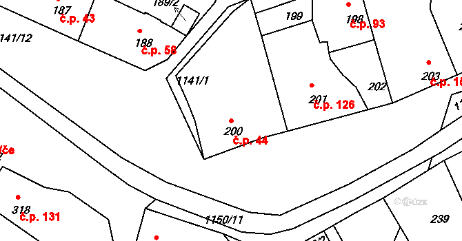 Štěnovice 44 na parcele st. 200 v KÚ Štěnovice, Katastrální mapa