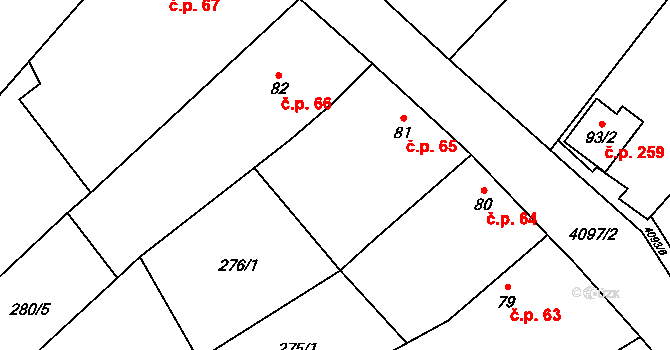 Trstěnice 65 na parcele st. 81 v KÚ Trstěnice u Moravského Krumlova, Katastrální mapa