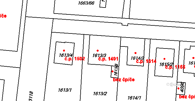 Čelákovice 1491 na parcele st. 1613/3 v KÚ Čelákovice, Katastrální mapa