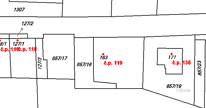 Sazená 119 na parcele st. 163 v KÚ Sazená, Katastrální mapa