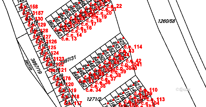 Pazderna 46, Vyškov na parcele st. 850 v KÚ Dědice u Vyškova, Katastrální mapa