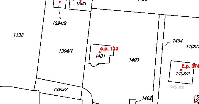 Hlásná Třebaň 113 na parcele st. 1401 v KÚ Hlásná Třebaň, Katastrální mapa