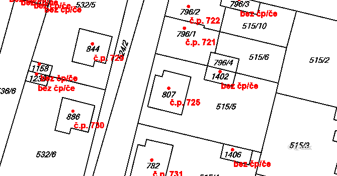 Libochovice 725 na parcele st. 807 v KÚ Libochovice, Katastrální mapa