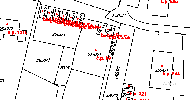 Poruba 98, Orlová na parcele st. 2566/1 v KÚ Poruba u Orlové, Katastrální mapa