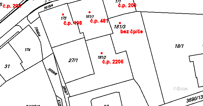 Rožnov pod Radhoštěm 2205 na parcele st. 181/2 v KÚ Rožnov pod Radhoštěm, Katastrální mapa