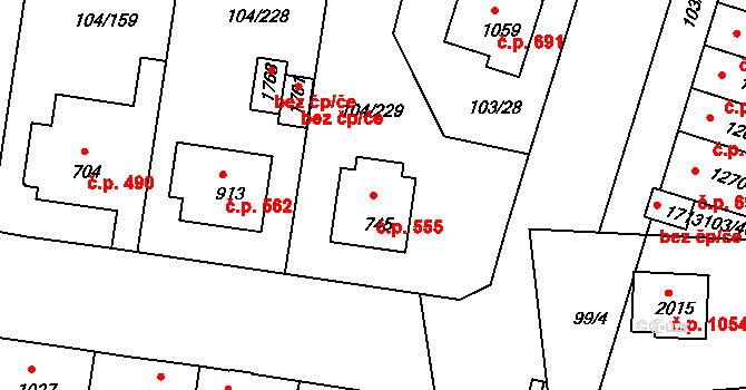 Podklášteří 555, Třebíč na parcele st. 745 v KÚ Podklášteří, Katastrální mapa