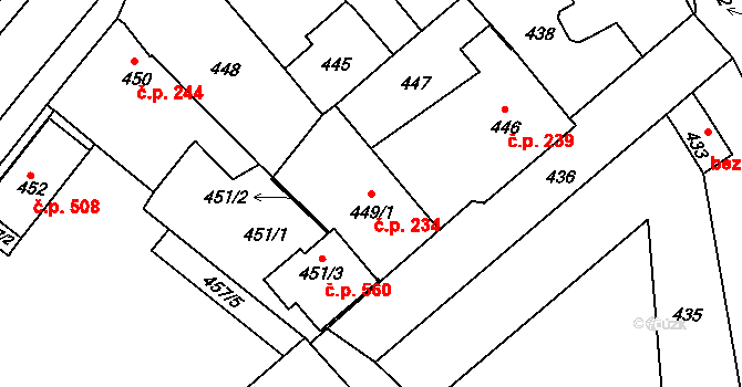 Jarošov 234, Uherské Hradiště na parcele st. 449/1 v KÚ Jarošov u Uherského Hradiště, Katastrální mapa