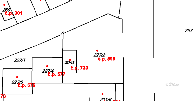 Komárov 595, Brno na parcele st. 227/2 v KÚ Komárov, Katastrální mapa