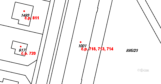 Pacov 713,714,715 na parcele st. 1001 v KÚ Pacov, Katastrální mapa