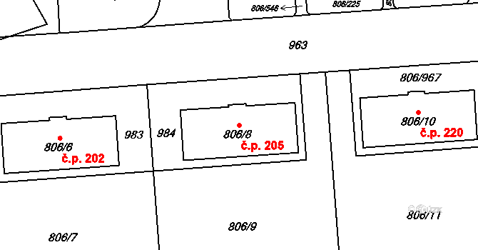 Malešice 205, Praha na parcele st. 806/8 v KÚ Malešice, Katastrální mapa