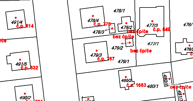 Černice 767, Plzeň na parcele st. 479/3 v KÚ Bručná, Katastrální mapa