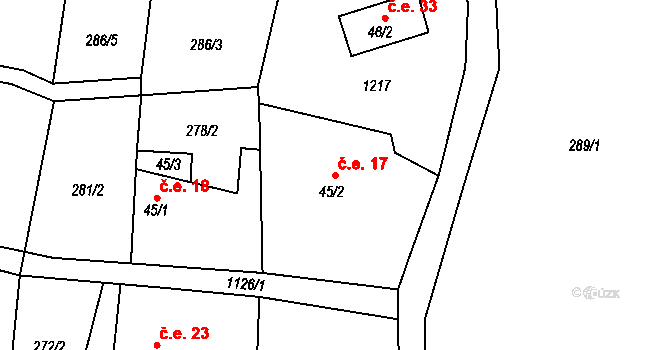 Držovice 17, Úštěk na parcele st. 45/2 v KÚ Držovice, Katastrální mapa