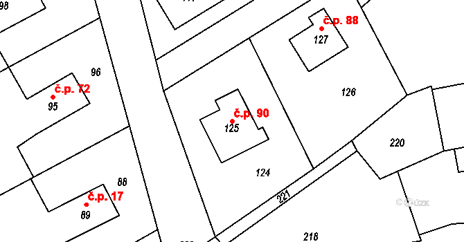 Vinařice 90, Týnec nad Labem na parcele st. 125 v KÚ Vinařice u Týnce nad Labem, Katastrální mapa