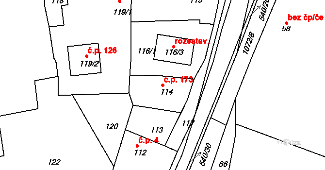 Malesice 173, Plzeň na parcele st. 114 v KÚ Malesice, Katastrální mapa
