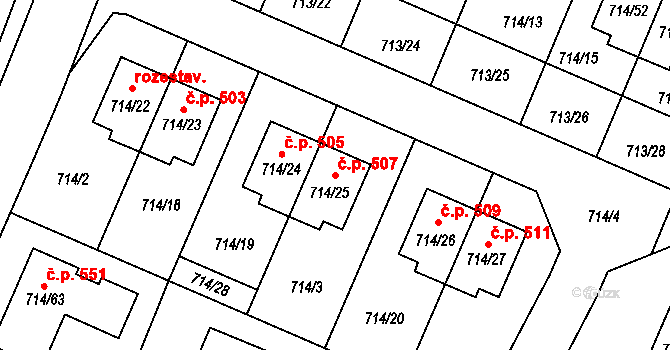 Mokré 507, Litvínovice na parcele st. 714/25 v KÚ Litvínovice, Katastrální mapa