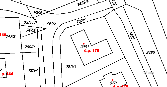Písečná 176 na parcele st. 2001 v KÚ Písečná u Žamberka, Katastrální mapa