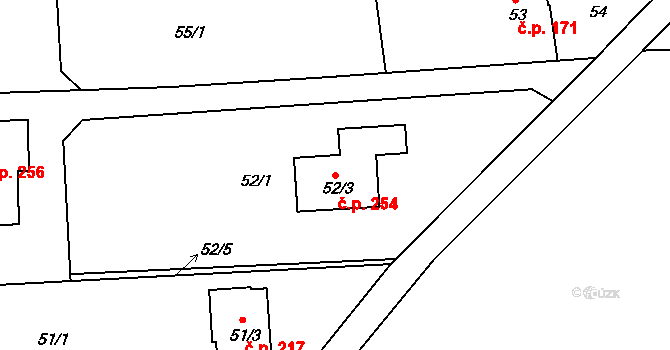Řícmanice 254 na parcele st. 52/3 v KÚ Řícmanice, Katastrální mapa