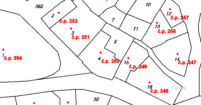 Bystřice nad Pernštejnem 250 na parcele st. 4 v KÚ Bystřice nad Pernštejnem, Katastrální mapa