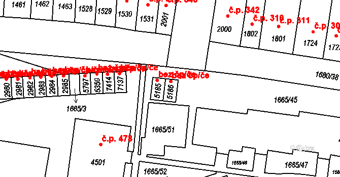 Třebíč 43598200 na parcele st. 5186 v KÚ Třebíč, Katastrální mapa