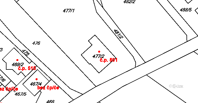 Kozmice 501 na parcele st. 477/2 v KÚ Kozmice, Katastrální mapa