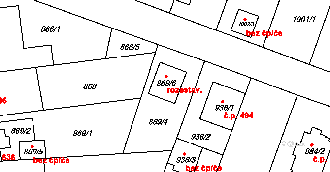 Žebětín 1036, Brno na parcele st. 869/6 v KÚ Žebětín, Katastrální mapa