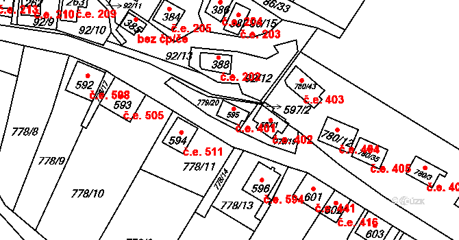 Šťáhlavy 401 na parcele st. 595 v KÚ Šťáhlavy, Katastrální mapa