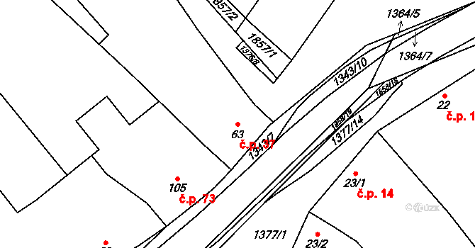 Jestřabice 37, Koryčany na parcele st. 63 v KÚ Jestřabice, Katastrální mapa