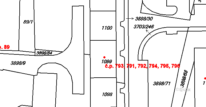 Dobřany 791,792,793,794,795, na parcele st. 1099 v KÚ Dobřany, Katastrální mapa