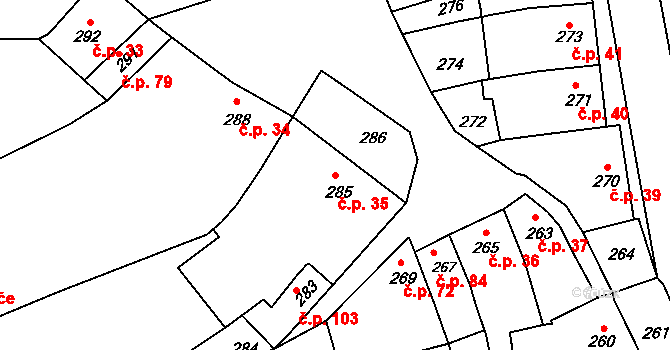 Seloutky 35 na parcele st. 285 v KÚ Seloutky, Katastrální mapa