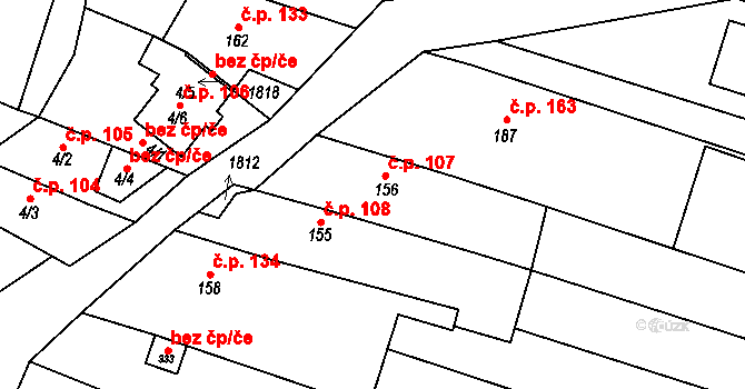 Bohutice 107 na parcele st. 156 v KÚ Bohutice, Katastrální mapa