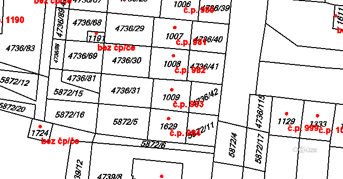 Hrušovany nad Jevišovkou 983 na parcele st. 1009 v KÚ Hrušovany nad Jevišovkou, Katastrální mapa