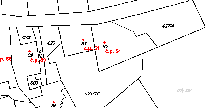 Poutnov 54, Teplá na parcele st. 62 v KÚ Poutnov, Katastrální mapa