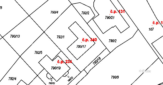 Horní Jasenka 340, Vsetín na parcele st. 790/17 v KÚ Jasenka, Katastrální mapa